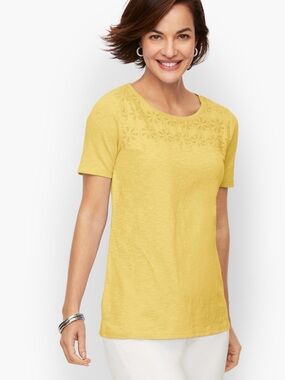 Talbots Yellow Embroidered Short Sleeve Knit Top Women's Medium